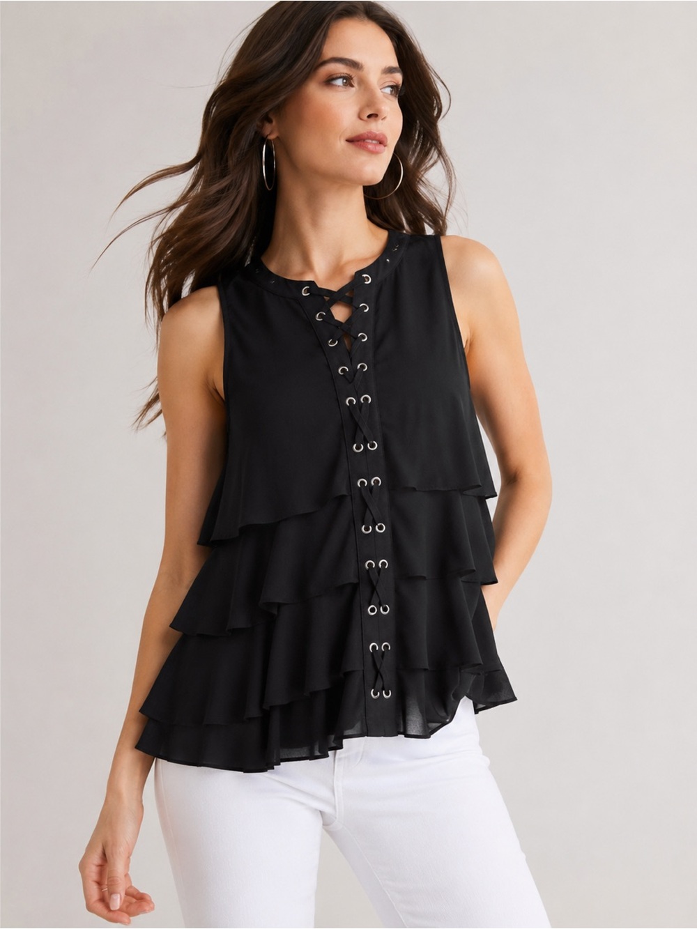 White House Black Market Black Lace-Up Ruffle Sleeveless Top Size Small